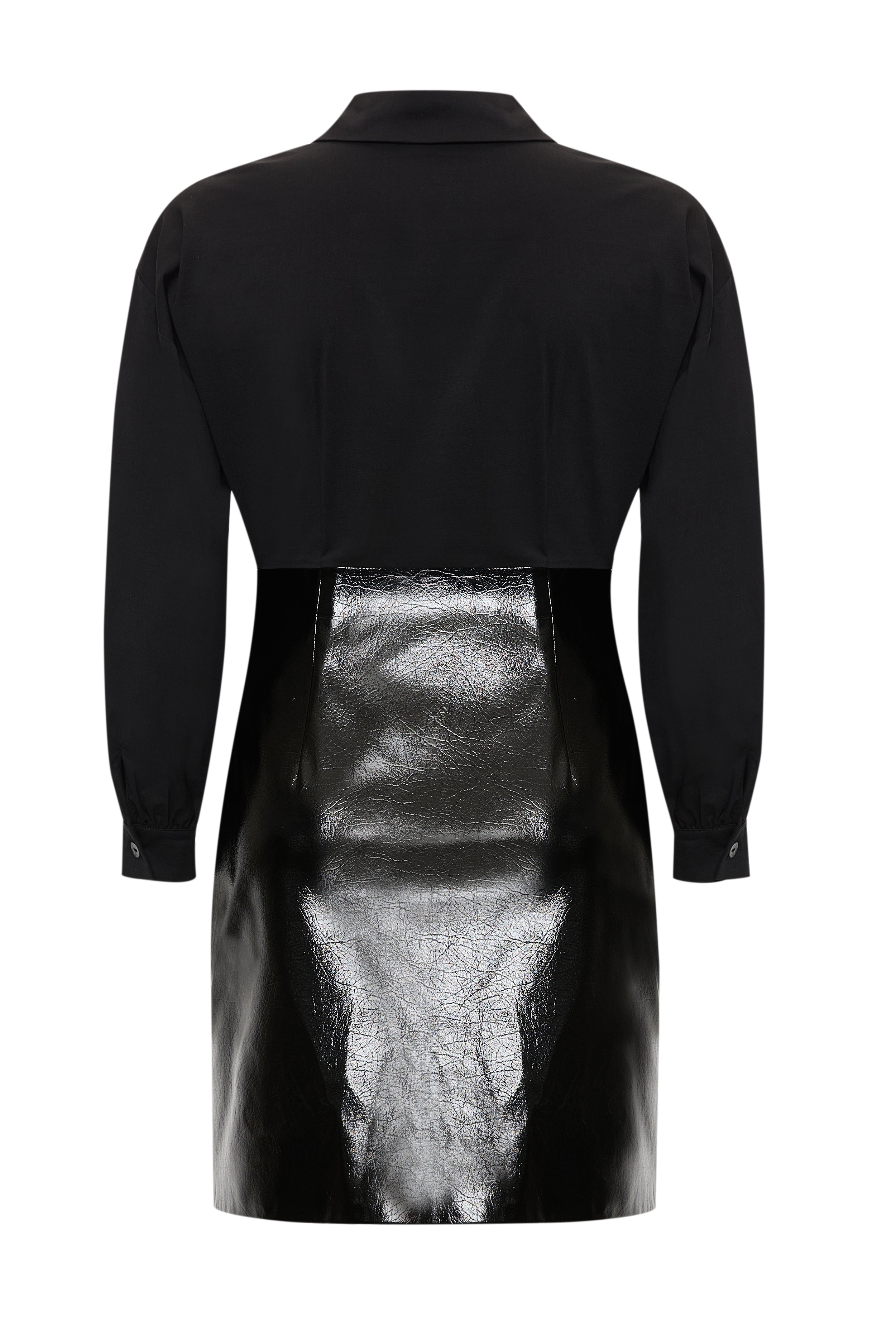 Gömlek Yaka Eteği Deri Slim Fit Mini Siyah Elbise