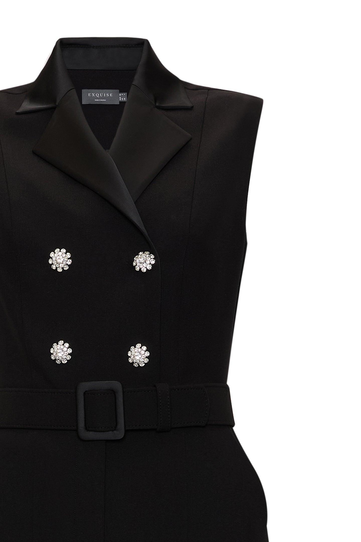 Kolsuz Kemerli Slim Fit Geniş Paça Siyah Tulum