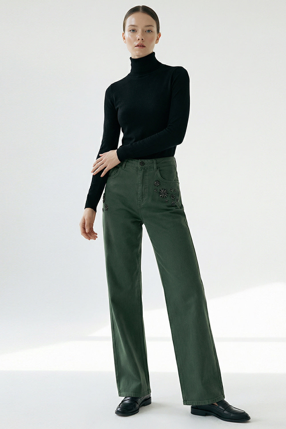 Yüksek Bel Cepli Dokuma Yeşil Pantolon