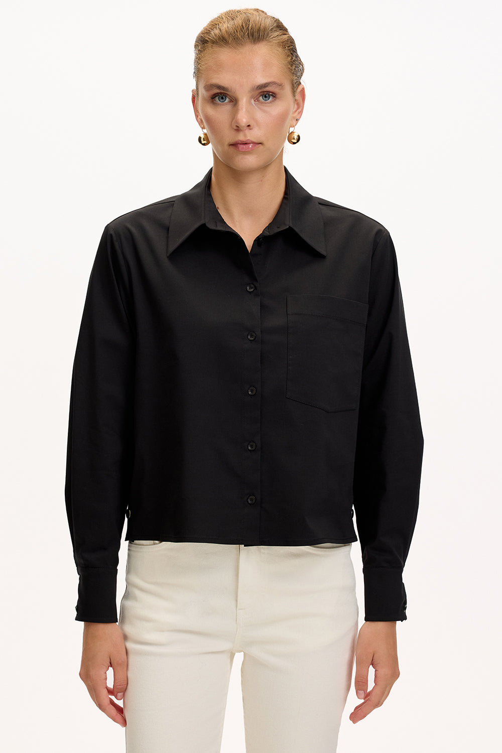 Uzun Kollu Cepli Çıt Çıt Detaylı Regular Siyah Gömlek