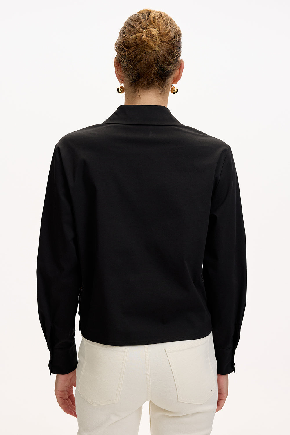 Uzun Kollu Cepli Çıt Çıt Detaylı Regular Siyah Gömlek