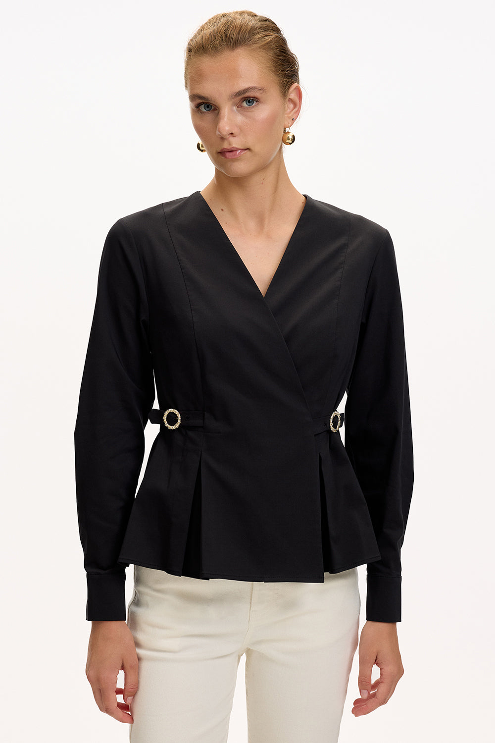 Kruvaze Yaka Uzun Kollu Slim Fit Siyah Gömlek