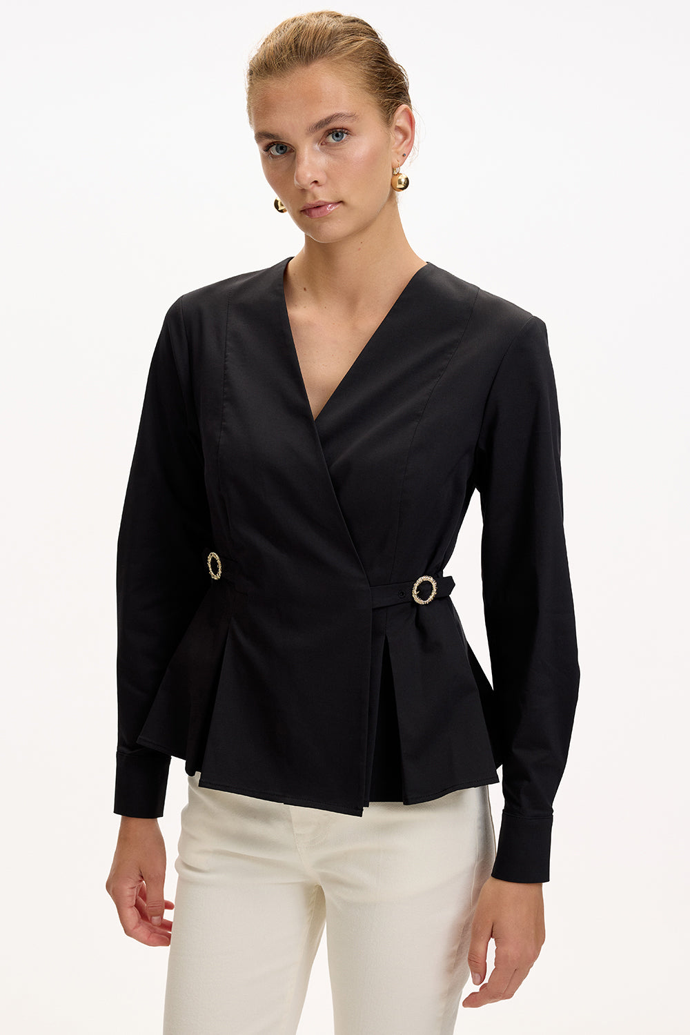 Kruvaze Yaka Uzun Kollu Slim Fit Siyah Gömlek