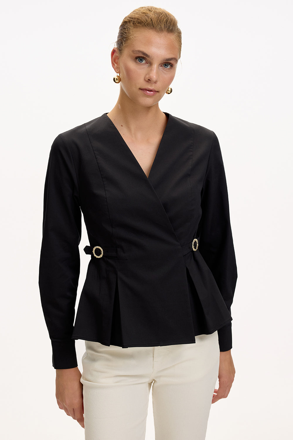 Kruvaze Yaka Uzun Kollu Slim Fit Siyah Gömlek