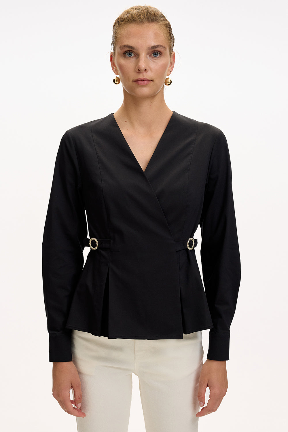 Kruvaze Yaka Uzun Kollu Slim Fit Siyah Gömlek