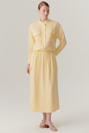 Lastikli Bel Cep Detaylı Lyocell Sarı Midi Boy Etek