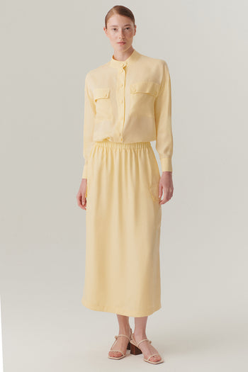 Lastikli Bel Cep Detaylı Lyocell Sarı Midi Boy Etek