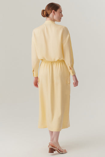 Lastikli Bel Cep Detaylı Lyocell Sarı Midi Boy Etek