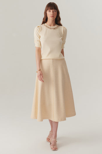 Ekru Renk Dokulu Kumaş Diz Altı Kloş Etek