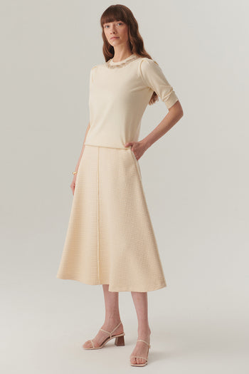 Ekru Renk Dokulu Kumaş Diz Altı Kloş Etek