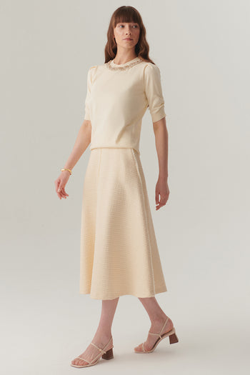 Ekru Renk Dokulu Kumaş Diz Altı Kloş Etek