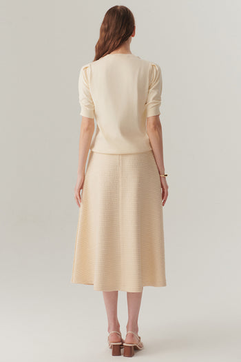 Ekru Renk Dokulu Kumaş Diz Altı Kloş Etek