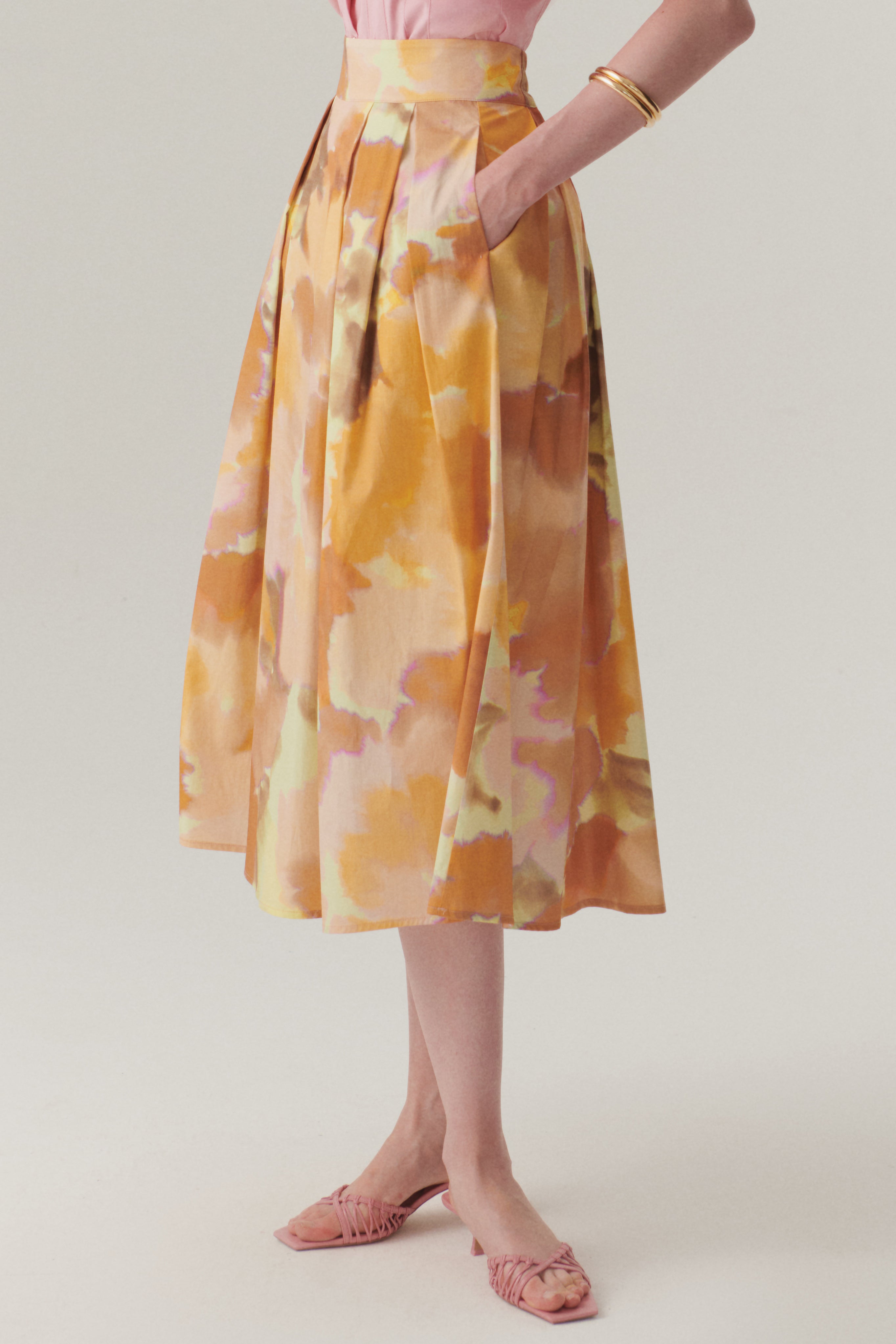 Cepli Pamuklu Bol Kesim Soyut Desen Midi Etek