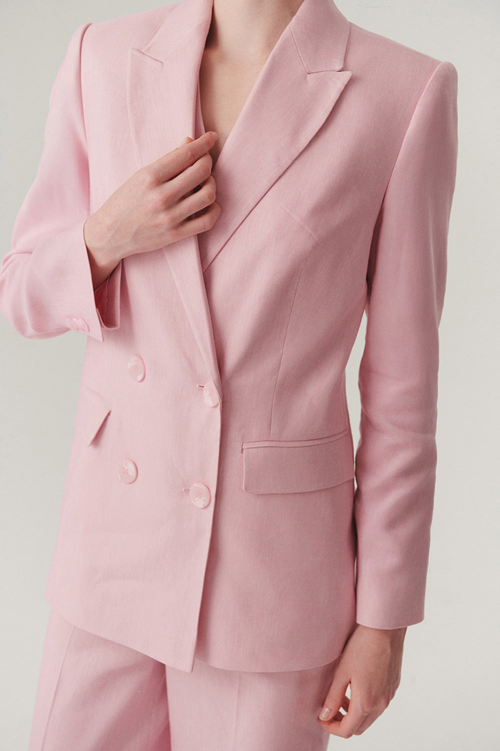 Kruvaze Yaka Keten Regular Pembe Blazer Ceket