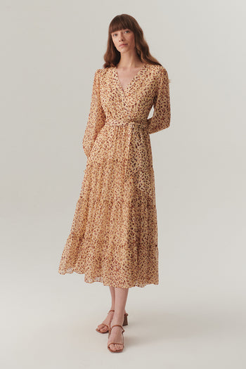 Kruvaze Yaka Geniş Kollu Midi Boy Desenli Şifon Elbise