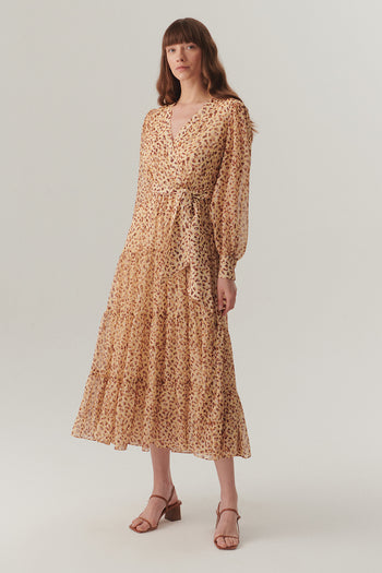 Kruvaze Yaka Geniş Kollu Midi Boy Desenli Şifon Elbise