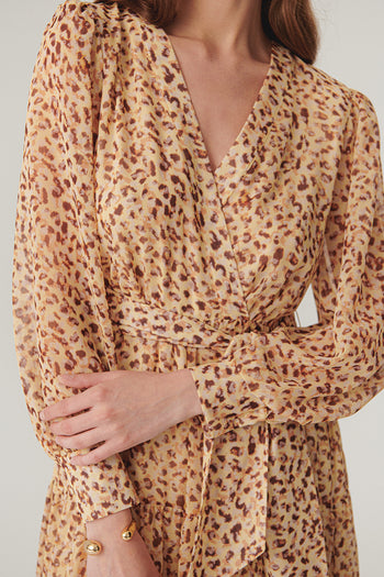 Kruvaze Yaka Geniş Kollu Midi Boy Desenli Şifon Elbise