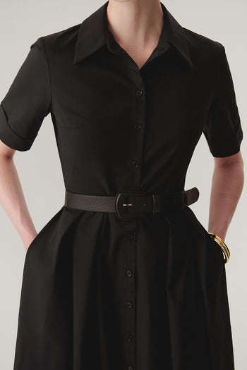 Gömlek Yaka Kısa Kol Bele Oturan Kemerli Midi Boy Siyah Elbise