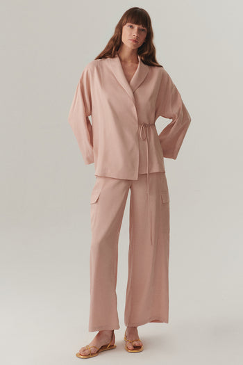 Kruvaze Bağlama Kapamalı Rahat Kalıp Modal Kumaş Pudra Ceket