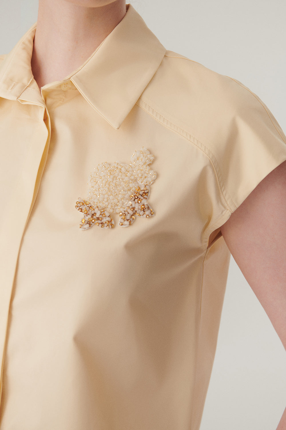 İşleme Detaylı Açık Sarı Pamuklu Crop Gömlek