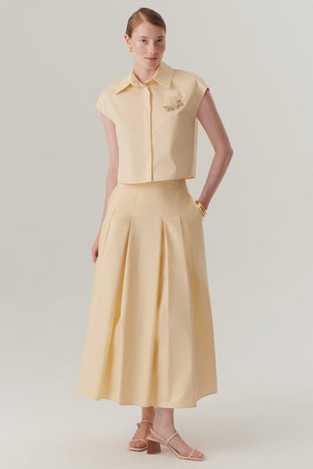 Açık Sarı Pileli Pamuklu Midi Boy Etek