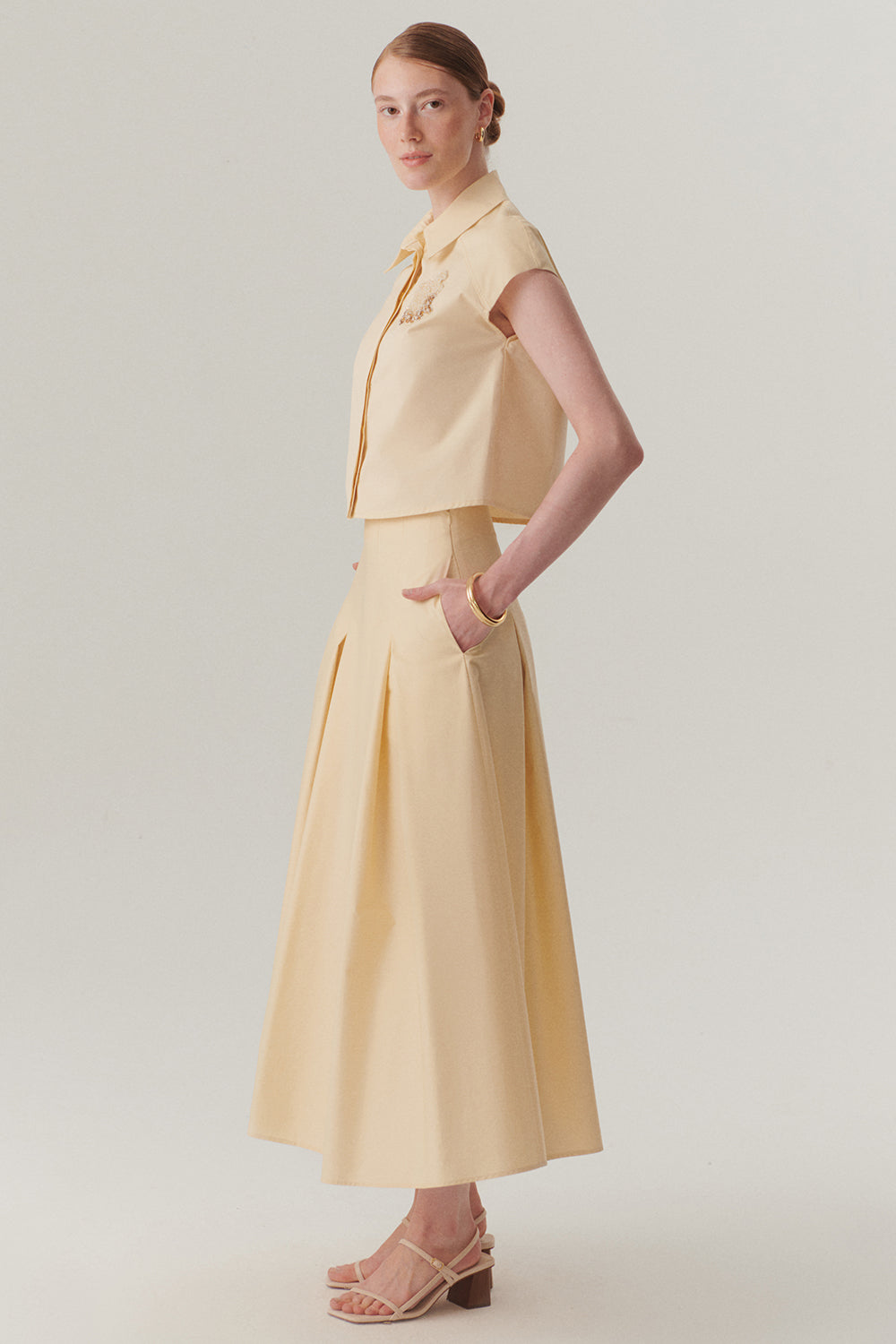 Açık Sarı Pileli Pamuklu Midi Boy Etek