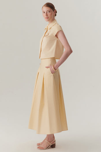 Açık Sarı Pileli Pamuklu Midi Boy Etek