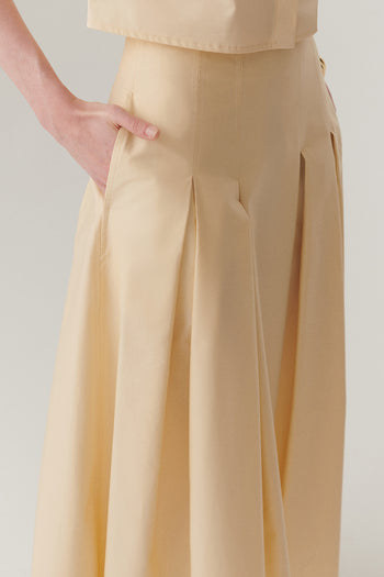 Açık Sarı Pileli Pamuklu Midi Boy Etek