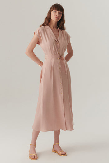Kolsuz Önden Düğmeli Kemerli Modal Kumaş Midi Pembe Elbise