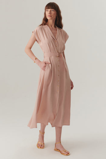 Kolsuz Önden Düğmeli Kemerli Modal Kumaş Midi Pembe Elbise