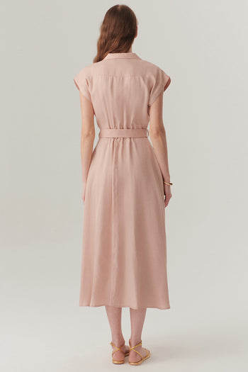 Kolsuz Önden Düğmeli Kemerli Modal Kumaş Midi Pembe Elbise