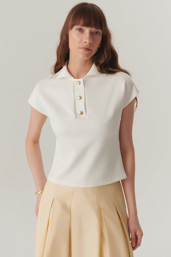 Ekru Düğme Detaylı Polo Yaka Regular Örme Tişört