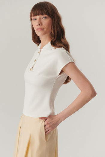 Ekru Düğme Detaylı Polo Yaka Regular Örme Tişört
