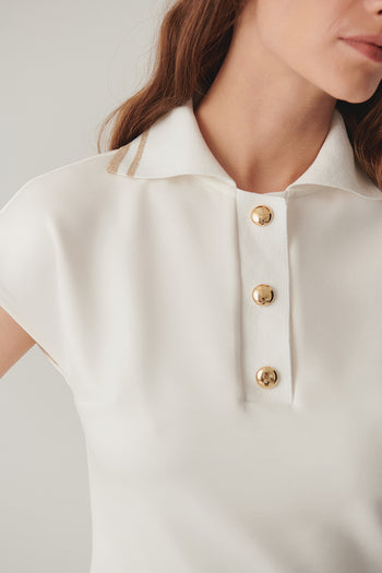 Ekru Düğme Detaylı Polo Yaka Regular Örme Tişört