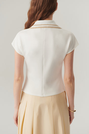 Ekru Düğme Detaylı Polo Yaka Regular Örme Tişört