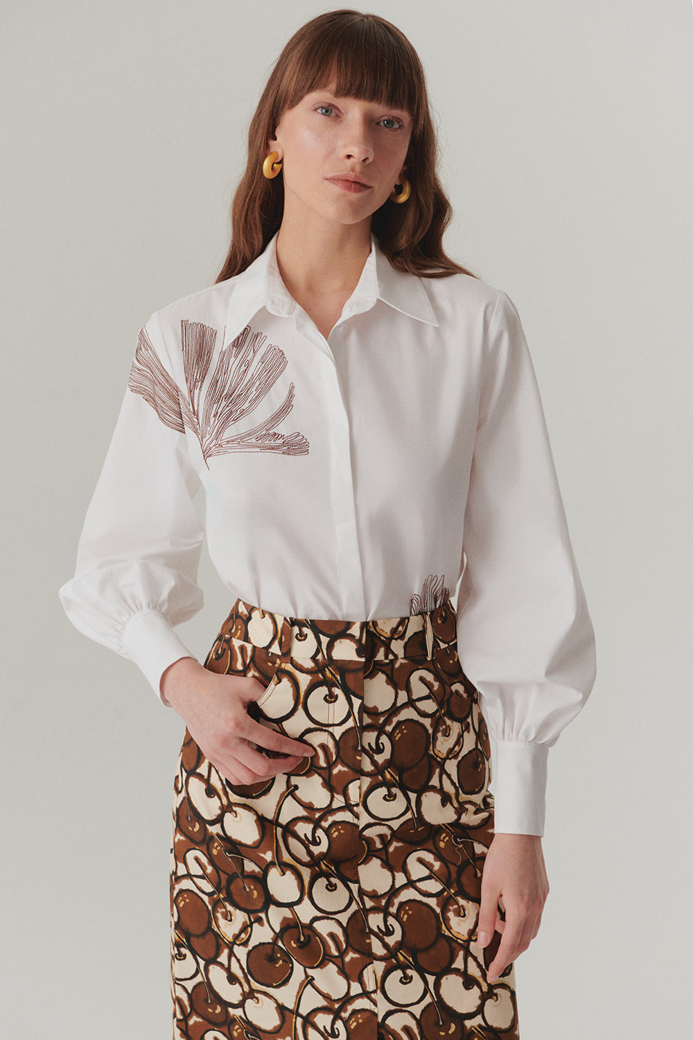 Çiçek Dikiş Detaylı Pamuk Regular Kemik Gömlek