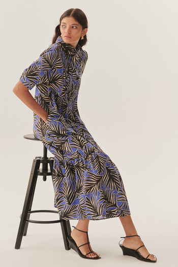 Yaprak Desenli Pamuklu Regular Midi Gömlek Elbise