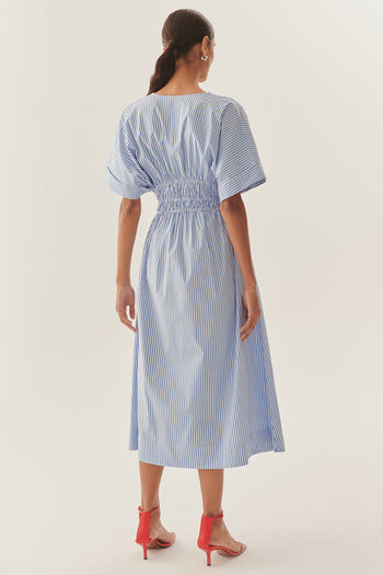 Beli Büzgülü V Yaka Yarasa Kol Midi Elbise