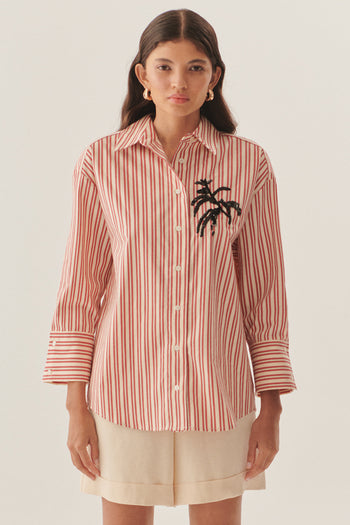 İşleme Detaylı Kırmızı Çizgili Regular Gömlek