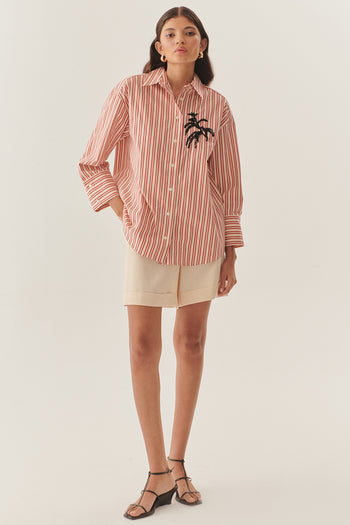 İşleme Detaylı Kırmızı Çizgili Regular Gömlek