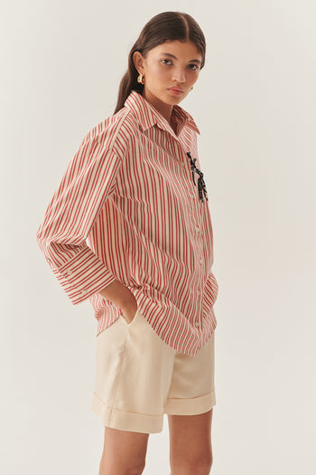 İşleme Detaylı Kırmızı Çizgili Regular Gömlek