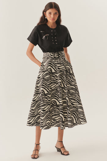 Tokalı Kemer Detaylı Zebra Desenli A Kesim Pamuklu Midi Etek