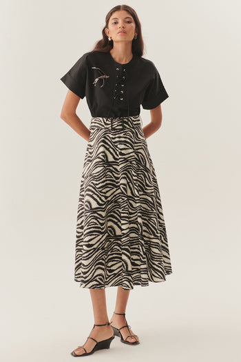 Tokalı Kemer Detaylı Zebra Desenli A Kesim Pamuklu Midi Etek