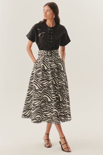 Tokalı Kemer Detaylı Zebra Desenli A Kesim Pamuklu Midi Etek