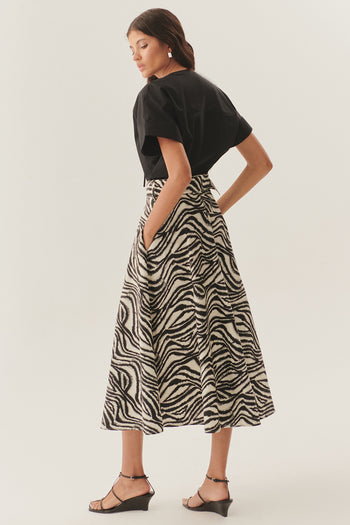 Tokalı Kemer Detaylı Zebra Desenli A Kesim Pamuklu Midi Etek