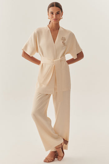 Kruvaze Yaka Yarasa Kol İşleme Detaylı Rahat Kalıp Bej Ceket