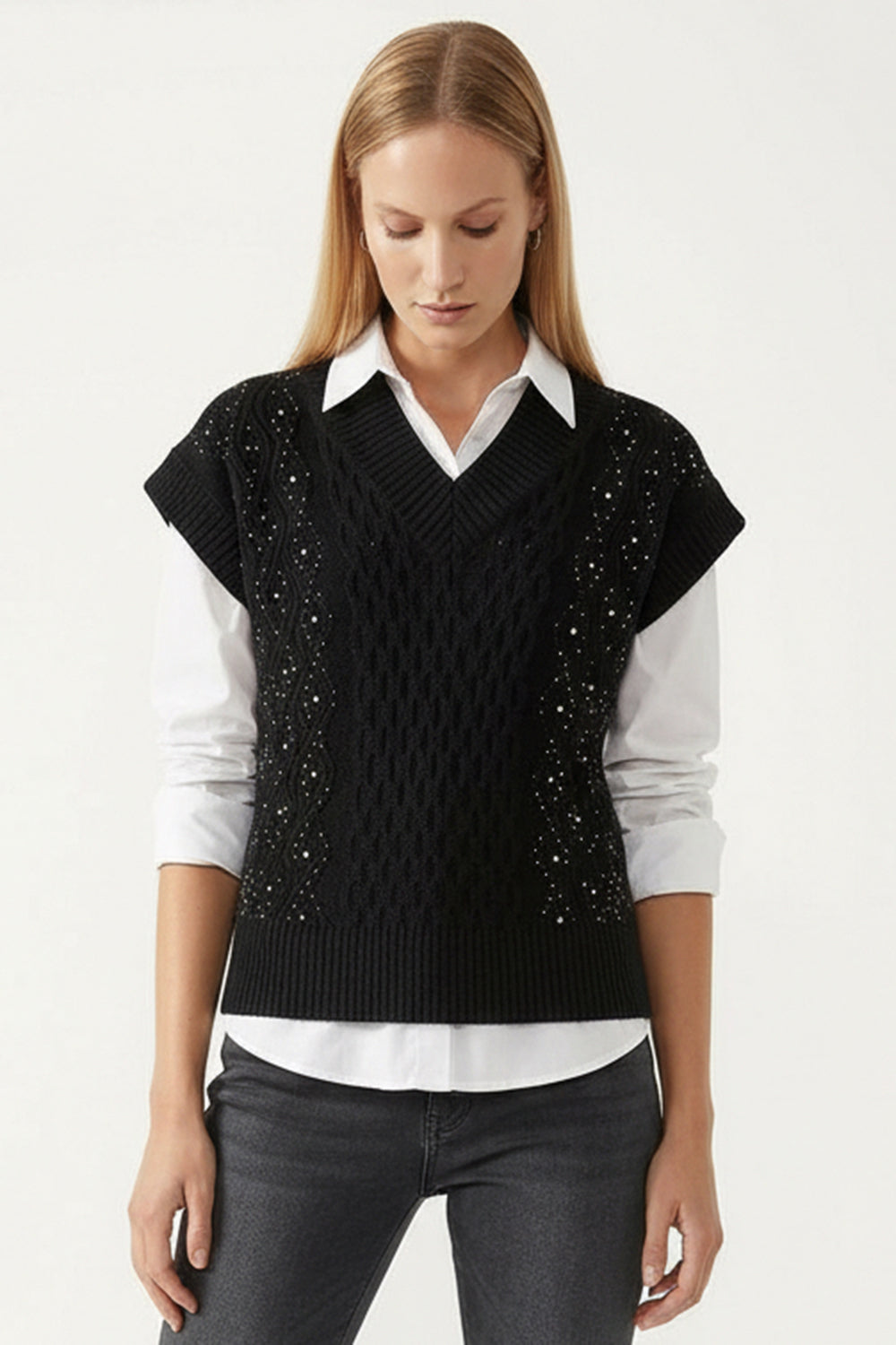 V Yaka Taş İşlemeli Kolsuz Oversize Triko Süveter