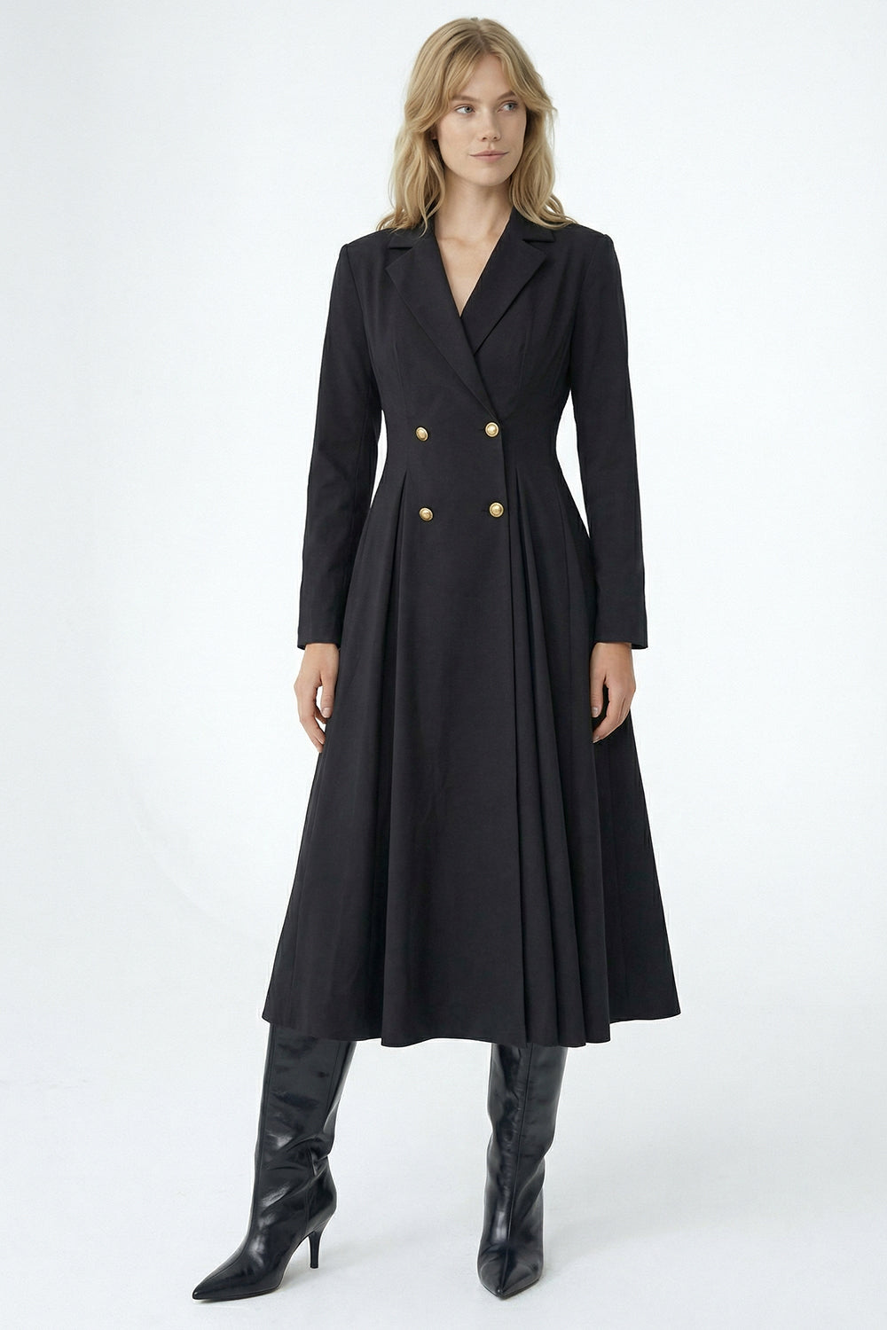 Gold Düğme Detaylı Kruvaze Dokuma Midi Blazer Elbise