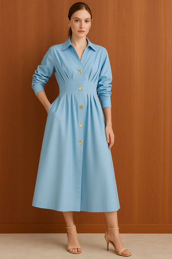 Bele Oturan Düğme Detaylı Pamuk Midi Gömlek Elbise