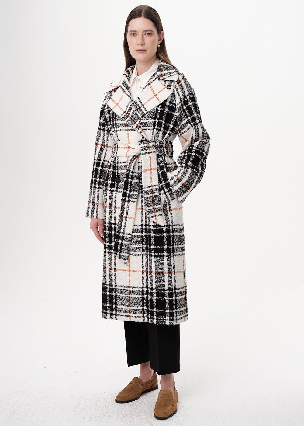 Kuşaklı Kruvaze Cepli Midi Regular Dokuma Kaban